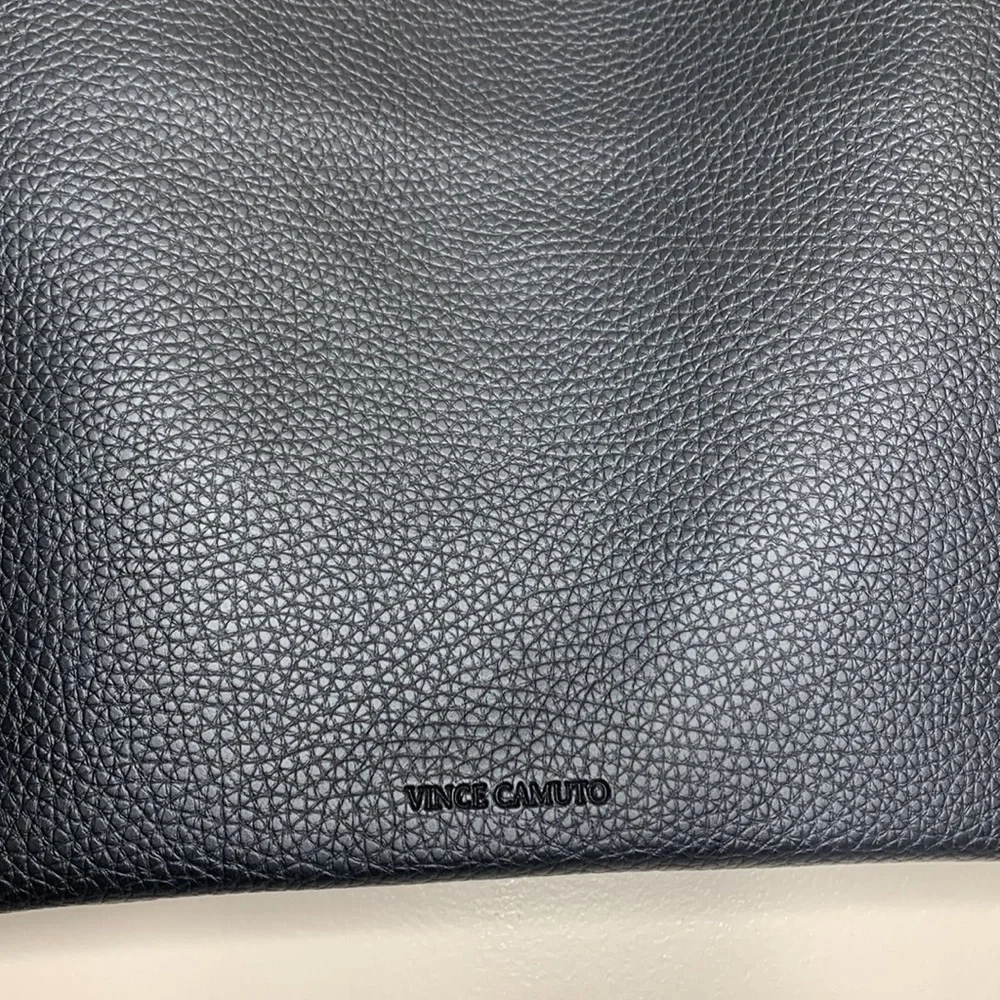 Vince Camuto | Black Leather Gray Stripe Shoulder Carry Tote Bag | Pebble Camuto